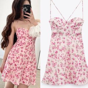 Zara Pink Rose Floral Laced Up Cutout
Open Back Linen Blend Mini Dress